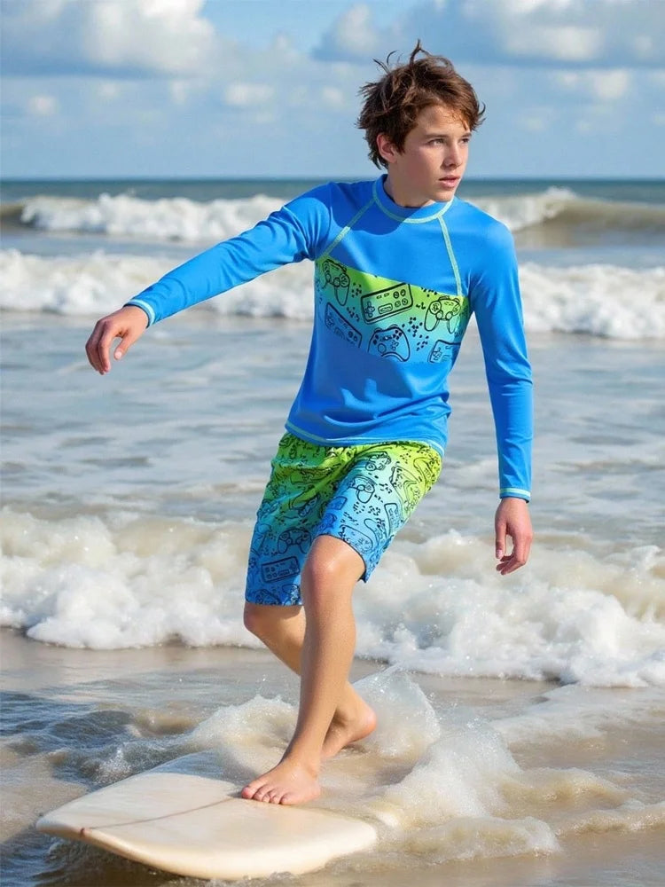 Boy Kids Swimsuit Solid Print Long Sleeves Children Swimwear Summer Two Piece Beach Shorts Beach Bathing Suit Swimming