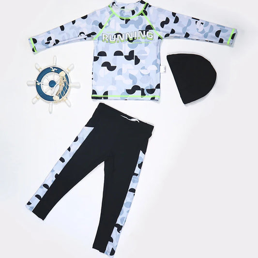 3pcs Boys' Split Style Swimsuit Set Long Sleeve Swimsuit Middle-Aged Young Children's Sunscreen Swimsuit Fashionable Boys