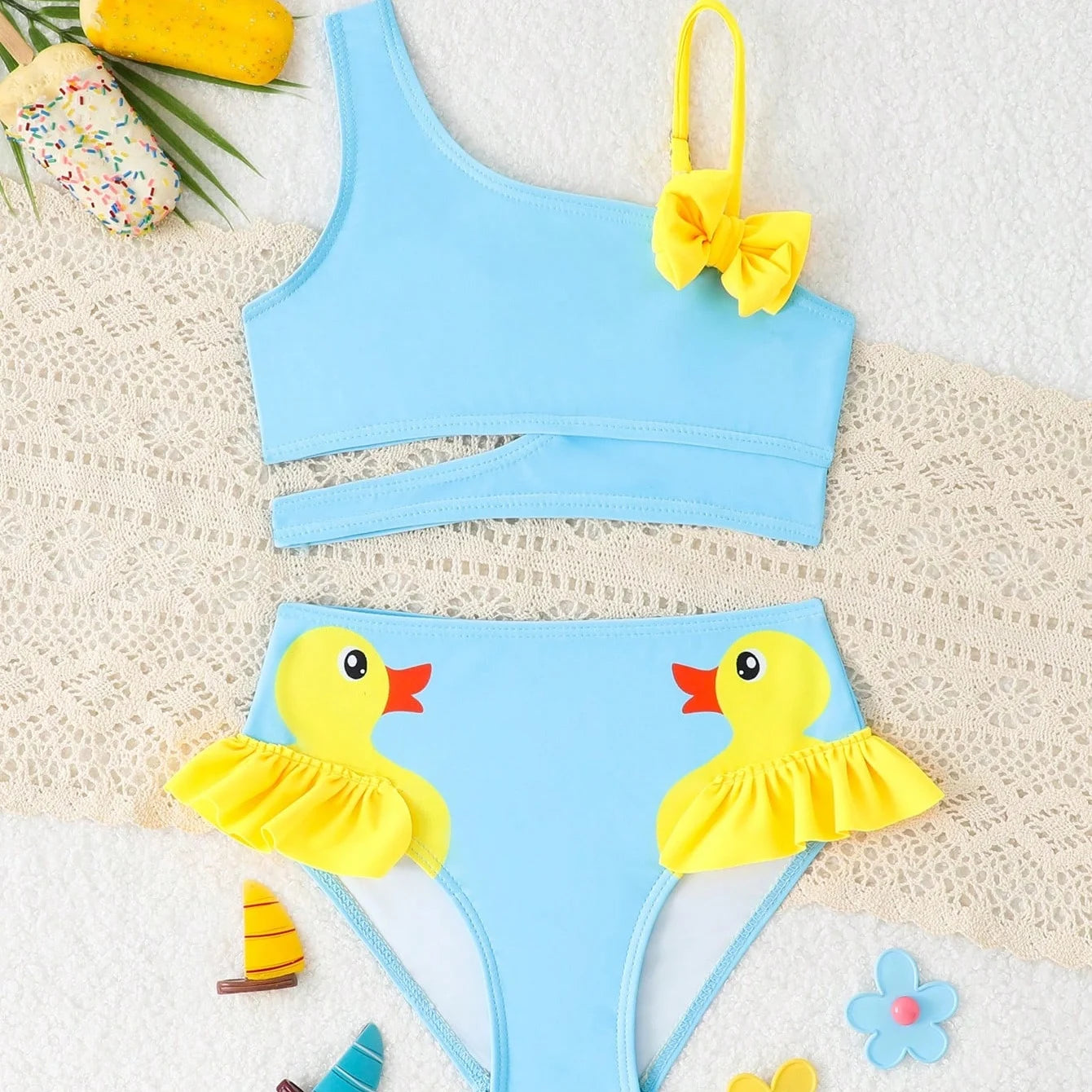 Little Girls Swimsuit High Waist Bikini Ruffle Swimwear Female Solid Children Bathing Swimming Swim Suit 4-7Y