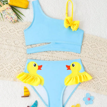Little Girls Swimsuit High Waist Bikini Ruffle Swimwear Female Solid Children Bathing Swimming Swim Suit 4-7Y