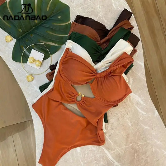 Women One-Piece Swimsuit One Shoulder Padded Swimwear Bikini Set Chain Bathing Suit Beachwear