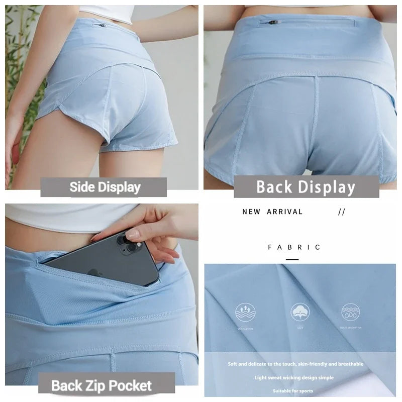 (S-XL)Women Quick Dry Running Shorts Anti-exposed Slim Fit Gym Bottoms Jogging Fitness Sport Shorts with Back Zipper Pocket