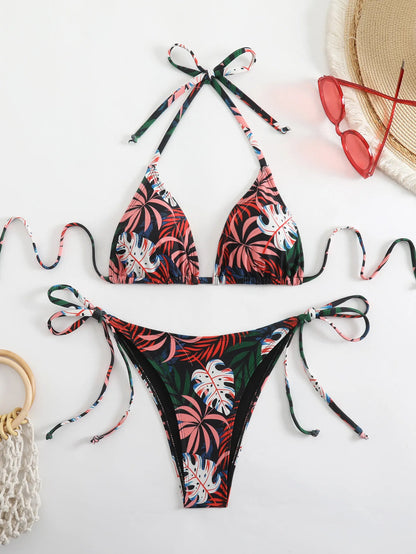 Tie Dye Gradient Mini Bikini Women Halter Push Up Bra Tie Side Thong Swimsuit Beach Pool Holiday Bathing Suit Swimwear