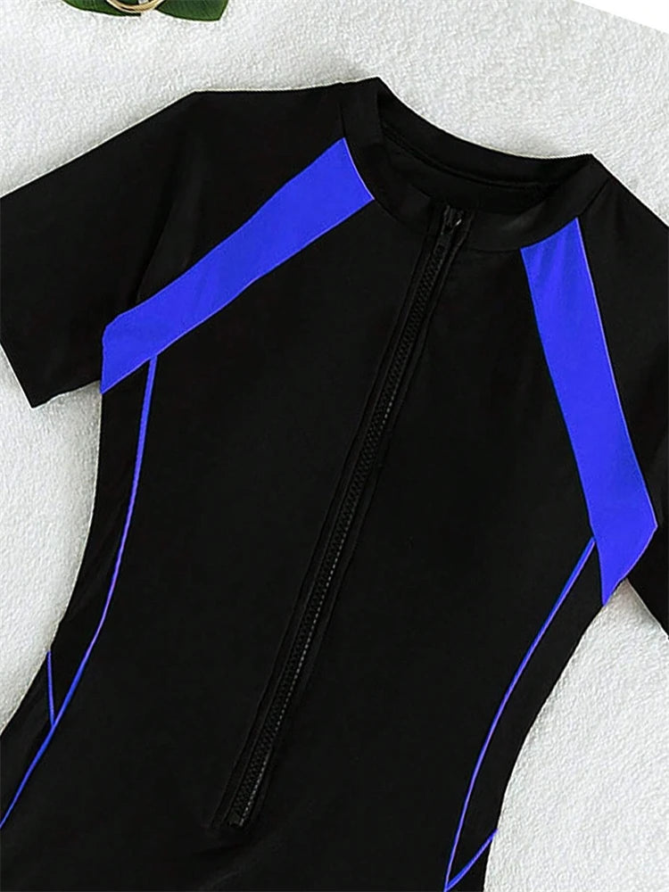 One Piece Swimsuit Women  Black Short Sleeves Zippers Swimwear Boxer Shorts Bodysuit Monokini Beach Bathing Suit Female