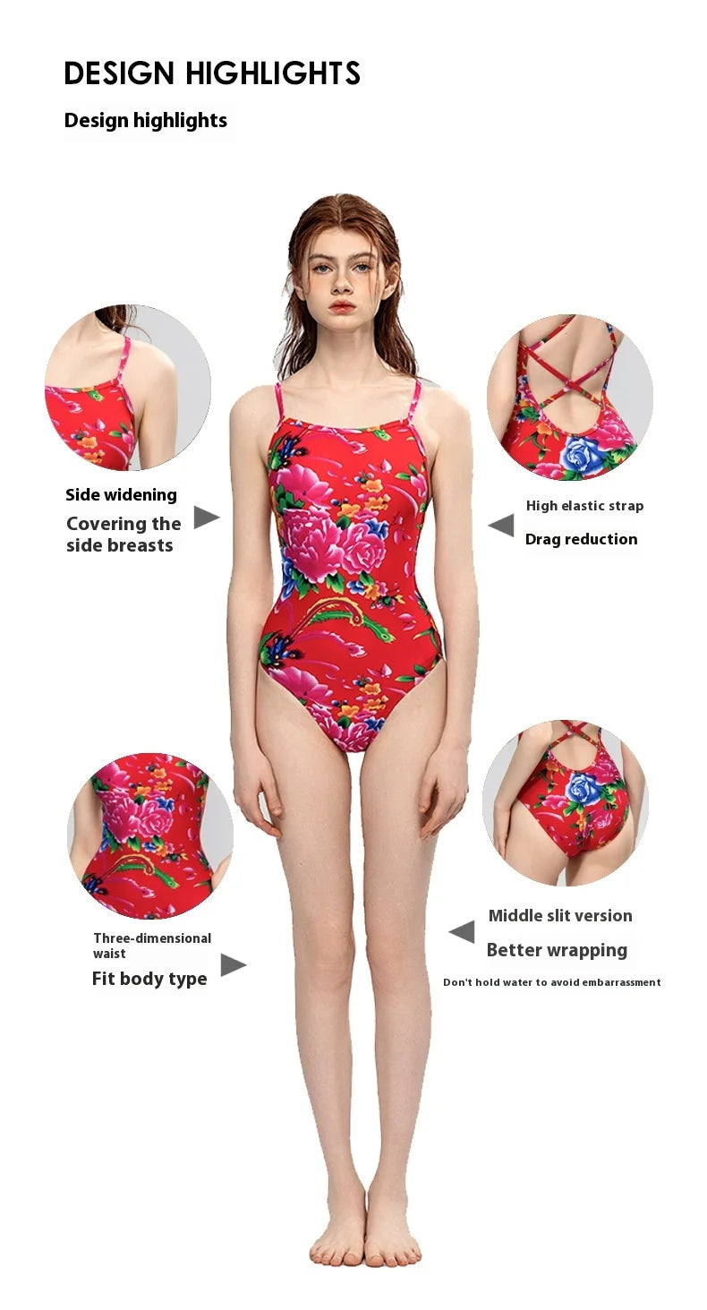 Red & Green Women's Professional Racing One-piece Swimsuits