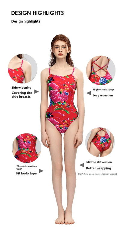 Red & Green Women's Professional Racing One-piece Swimsuits