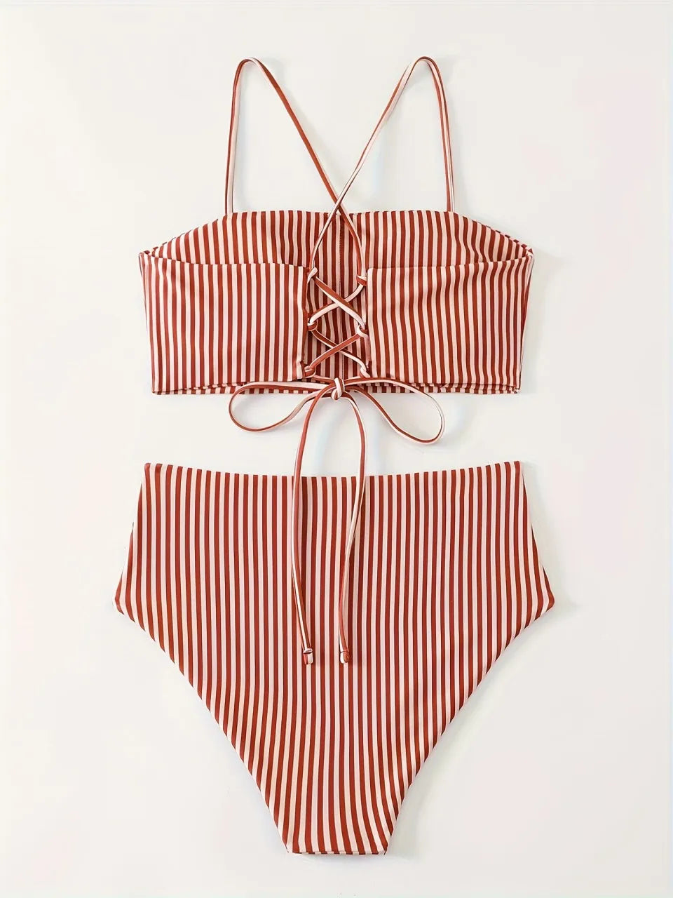 Strappy Bandeau Bikini Triangle High Waist Swimwear Female Striped Swimsuit Women Bathers Bathing Swimming Suit Beachwear