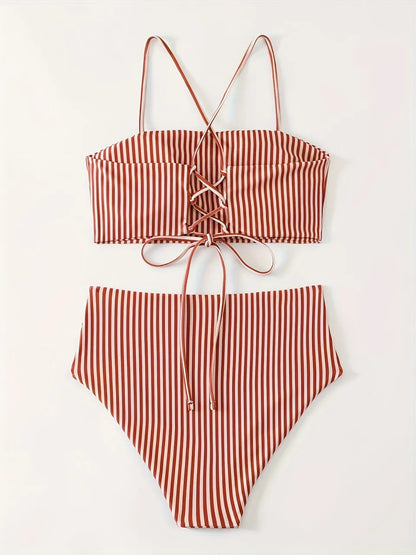 Strappy Bandeau Bikini Triangle High Waist Swimwear Female Striped Swimsuit Women Bathers Bathing Swimming Suit Beachwear