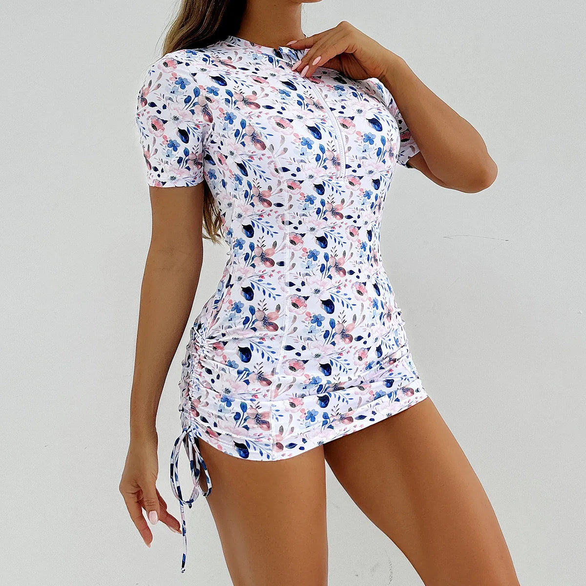 Floral Women Swimsuits Sun Protection Female Short Sleeves Swimwear Surfing Sports Pool Beachwear Two-Piece Bathing Suits