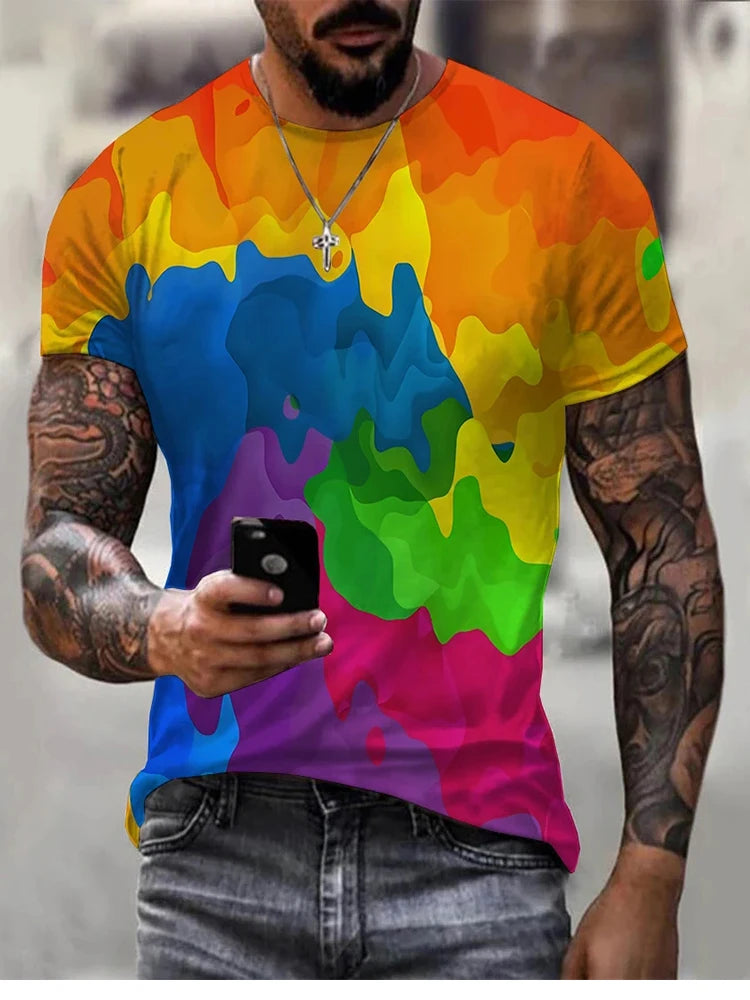 Rainbow Paint Splash Men's Printed T-shirt Hip Hop Street Fashion Harajuku Round Neck Comfortable Short Sleeve Top
