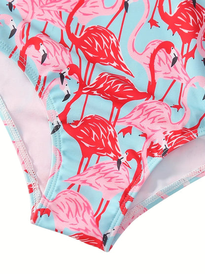 Bikini Cut Bottom Swimwear Kids Girl Orange Long Sleeve Swimming Suit Animal Flamingo Print Beach Teens Summer Swimsuit