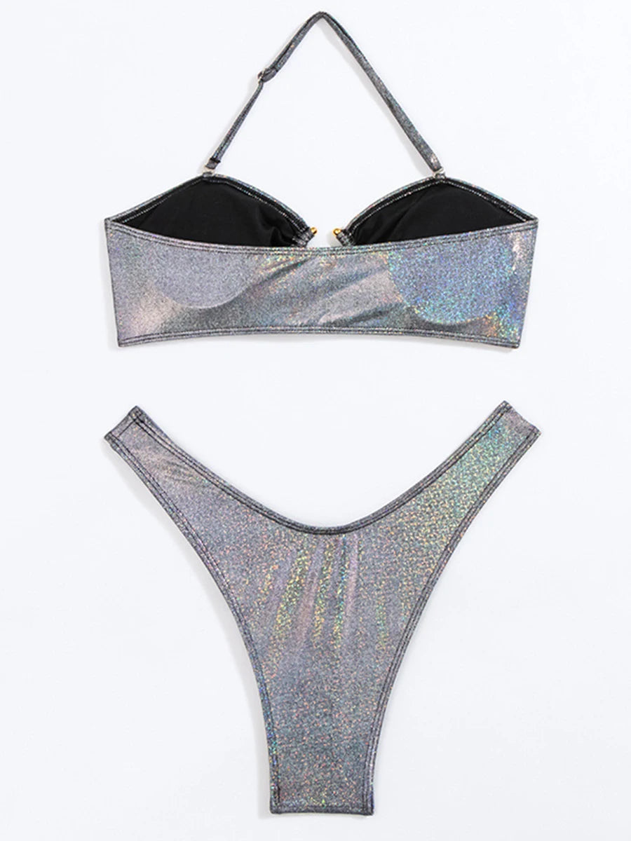 Halter Ring Link Thong Bikini Set High Cut Swimsuit Women Swimwear Female Bathers Bathing Swimming Swim Suit Beachwear
