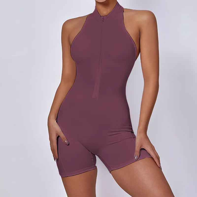 V Cut Zip Up Rompers Scrunch Butt Yoga Sets Racerback Jumpsuit for Women Fitness Gym Clothing Workout Open Back Sports Suit