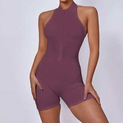 V Cut Zip Up Rompers Scrunch Butt Yoga Sets Racerback Jumpsuit for Women Fitness Gym Clothing Workout Open Back Sports Suit