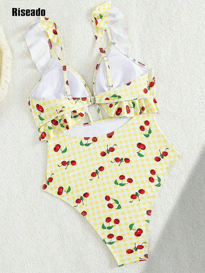Women's Ruffled One Piece Swimsuit V Neck Lace Up Floral Print Ruched Slimming Monokini Cutout Swimwear
