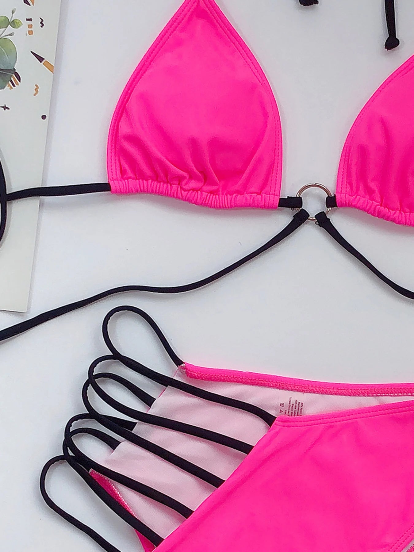 V Neck Print Hollow Bikini Set High Cut Halter Swimsuit For Women Backless Tied 2 Piece Swimwear Bathing Suit