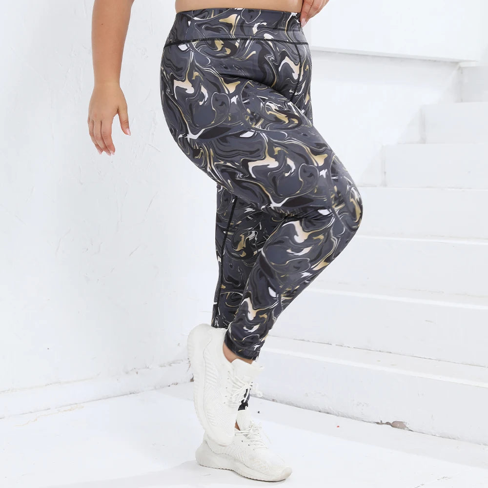 Womens High Waist Yoga Pants Marble Print Leggings Elastic Stretch Fitness Running Trousers Sports Wear For Ladies 0XL-4XL