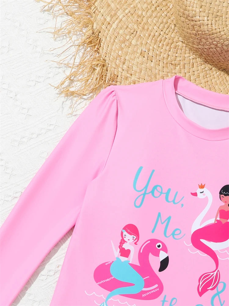 Kids Swimsuit Girls Cartoon Flamingo Long Sleeve Children Swimwear Summer 2 Piece High Waist Ruffle Beach Bathing Suits