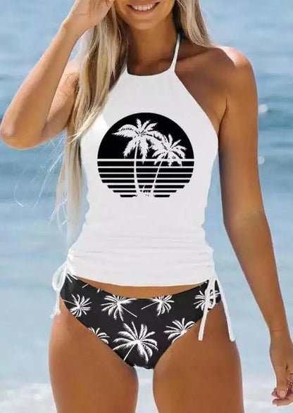 Solid Print Tankini Set Tied Halter Swimsuit Women Swimwear Biquinis Summer Backless Beach Bathing Suit