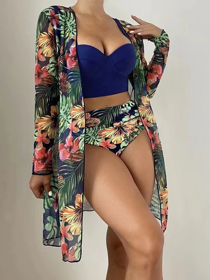 3 Piece Bikini Set Women Cover Up Swimwear Female Tropical Printed Swimsuit Push Up Beachwear Long Sleeve Bathing Suit