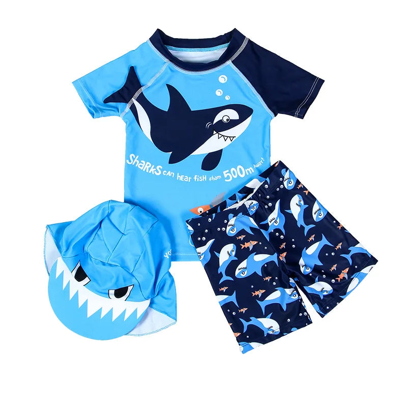 Boys' Short Sleeve Rash Guard Set with Shorts & Hat
