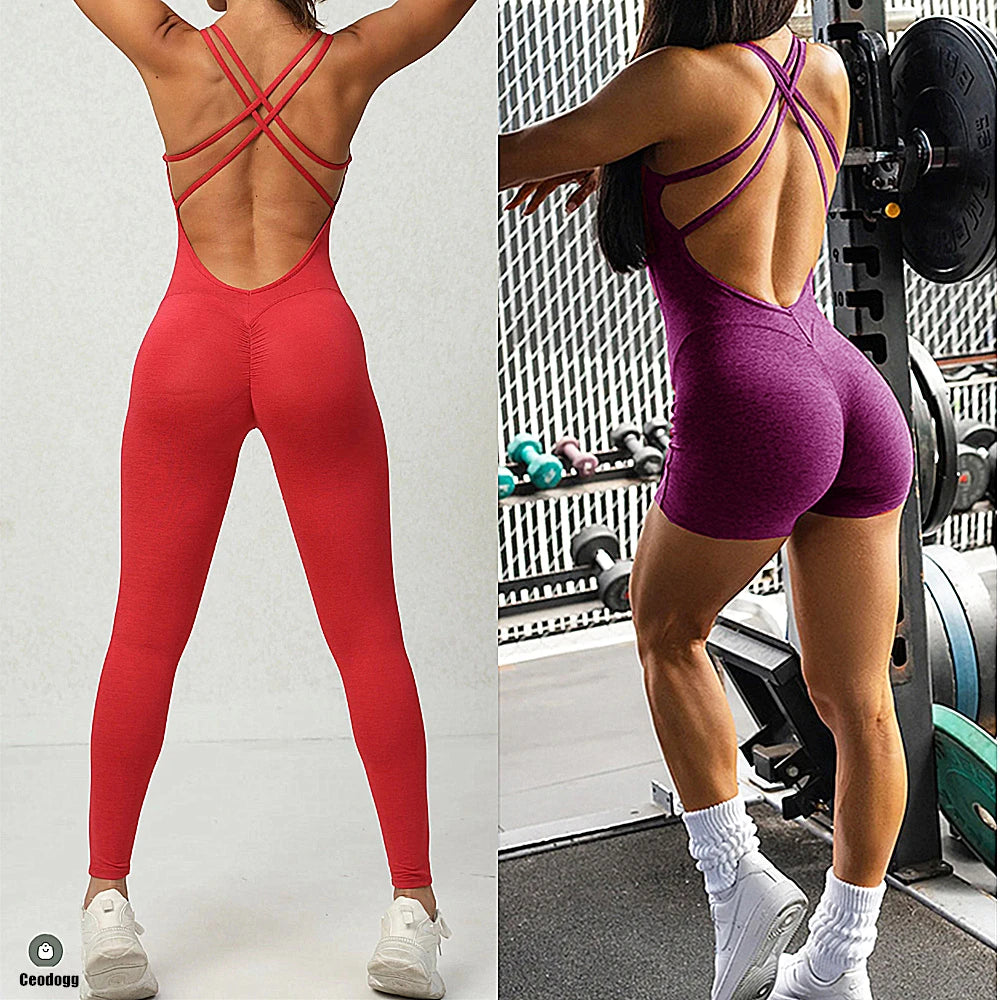 Pad Cross Back Women Lycra Fitness Gym One Piece Jumpsuit Leggings Workout Pant Female Shorts Active Wear Sport Outfit Suit