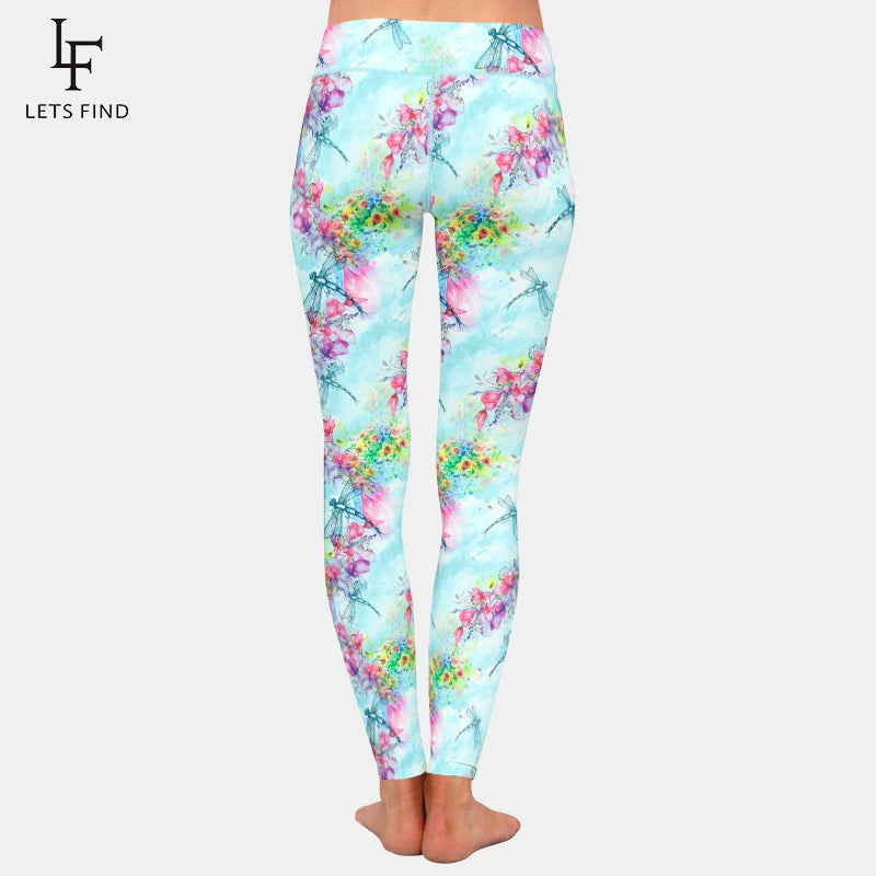 Dragonflies and Flowers Print Cute Women Leggings High Waist Soft Stretch Leggings Yoga Gym Pants