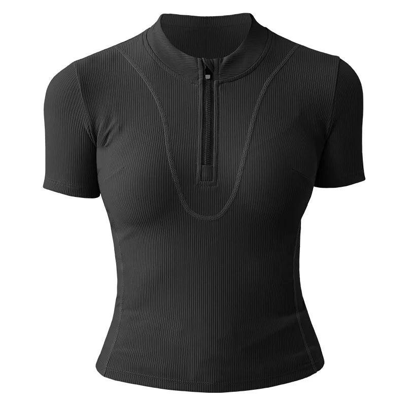 Aiithuug Women Slim Fit Gym Shirts Half Zip Workout Tops Quarter Zip Fitness Shirt Running Quicky Dry Short Sleeve Yoga Tops