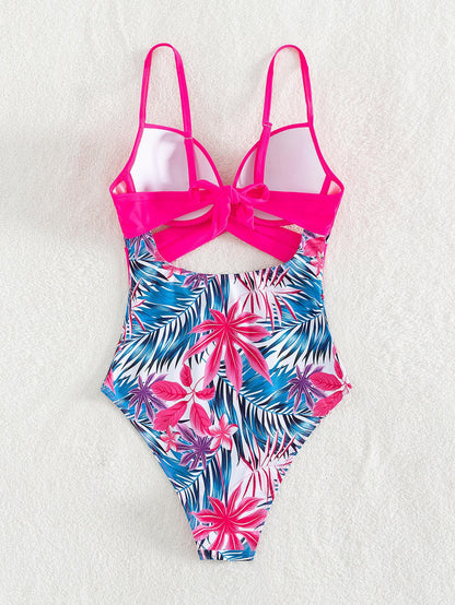 Cikini-Women's Tropical Print Cut Out Twist Push Up Swimsuit, Summer Beach Swimwear, Bathing Suit for Women, 1 Pc