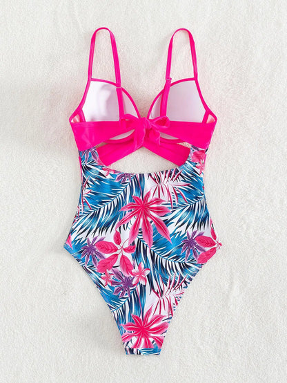 Cikini-Women's Tropical Print Cut Out Twist Push Up Swimsuit, Summer Beach Swimwear, Bathing Suit for Women, 1 Pc