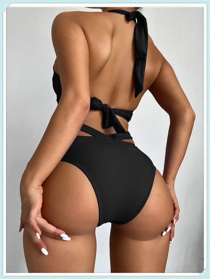 Halter High Waist Bikini Women Tie Dye Swimsuit Push Up Swimwear Female Printed Bathing Suit Lace Up Back Beachwear