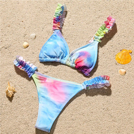 Women Colour Bikini Ruffle Straps Multi Color and Solid Color Bikini Beach Swimsuit Swimwear Women