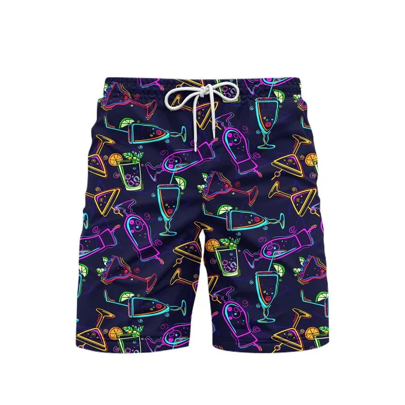 3D Print Neon Pattern Beach Short For Men Summer Hip Hop Personality Food Pattern Music Party Swimming Shorts Quick-drying Trunk