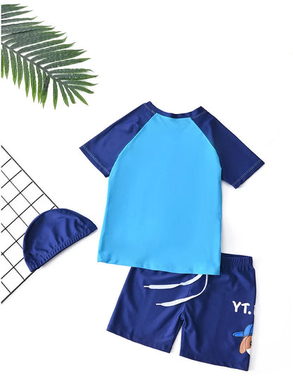Children's Swimming Suit Teenage Boys' Swimsuits with Cap Cartoon Dog Sun Protection Short Sleeved Sports Swimwear Kids