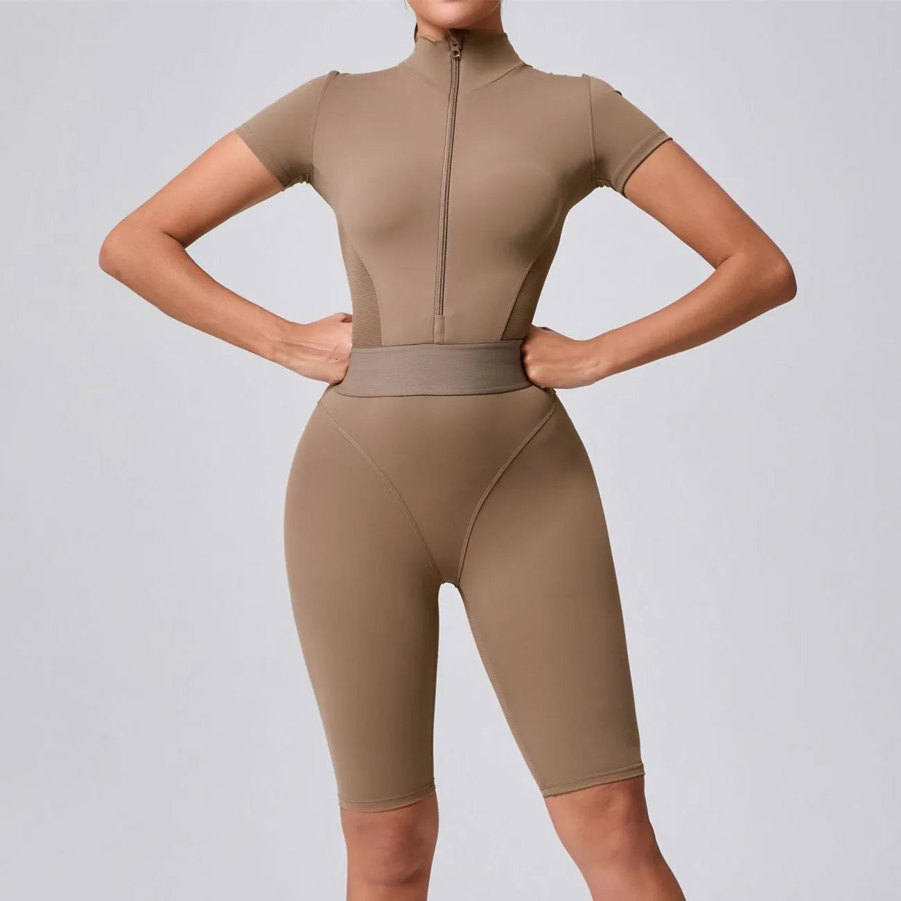 Nylon Yoga Jumpsuits Sports Fitness Hip-lifting Tights Short Sleeve Zipper Yoga Workout Gym Leggings Sportswear for Women