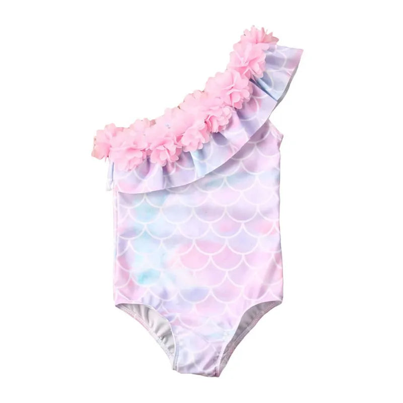 Baby Girls  Bathing Suit Sleeveless Fish Scale Print Swimsuit Ruffle Flower Neckline Swimwear