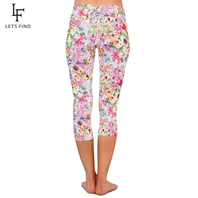 Floral Print High Waist Women Capri Legging Fitness Stretch Slim Mid-Calf 3/4 Leggings