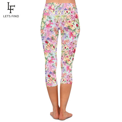 Floral Print High Waist Women Capri Legging Fitness Stretch Slim Mid-Calf 3/4 Leggings