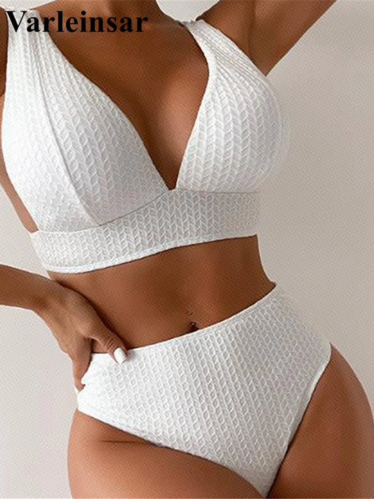 XS - L Wrinkled V Neck High Waist Bikini Female Swimsuit Women Swimwear Two-pieces Bikini set Bather Bathing Suit Swim