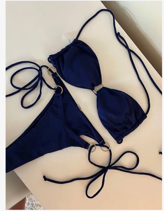 Solid Bathing Suit for Women Halter Ring Linked Tie Side Bikini Sets Two Piece Swimsuit With Ring Bra
