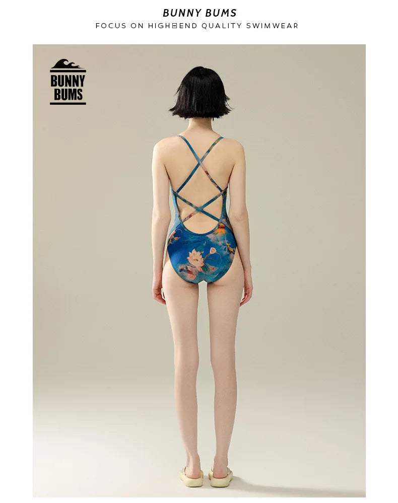 Bunny Bums Blue Flower Women Racing Swimsuit Training Special One-piece Swimsuit