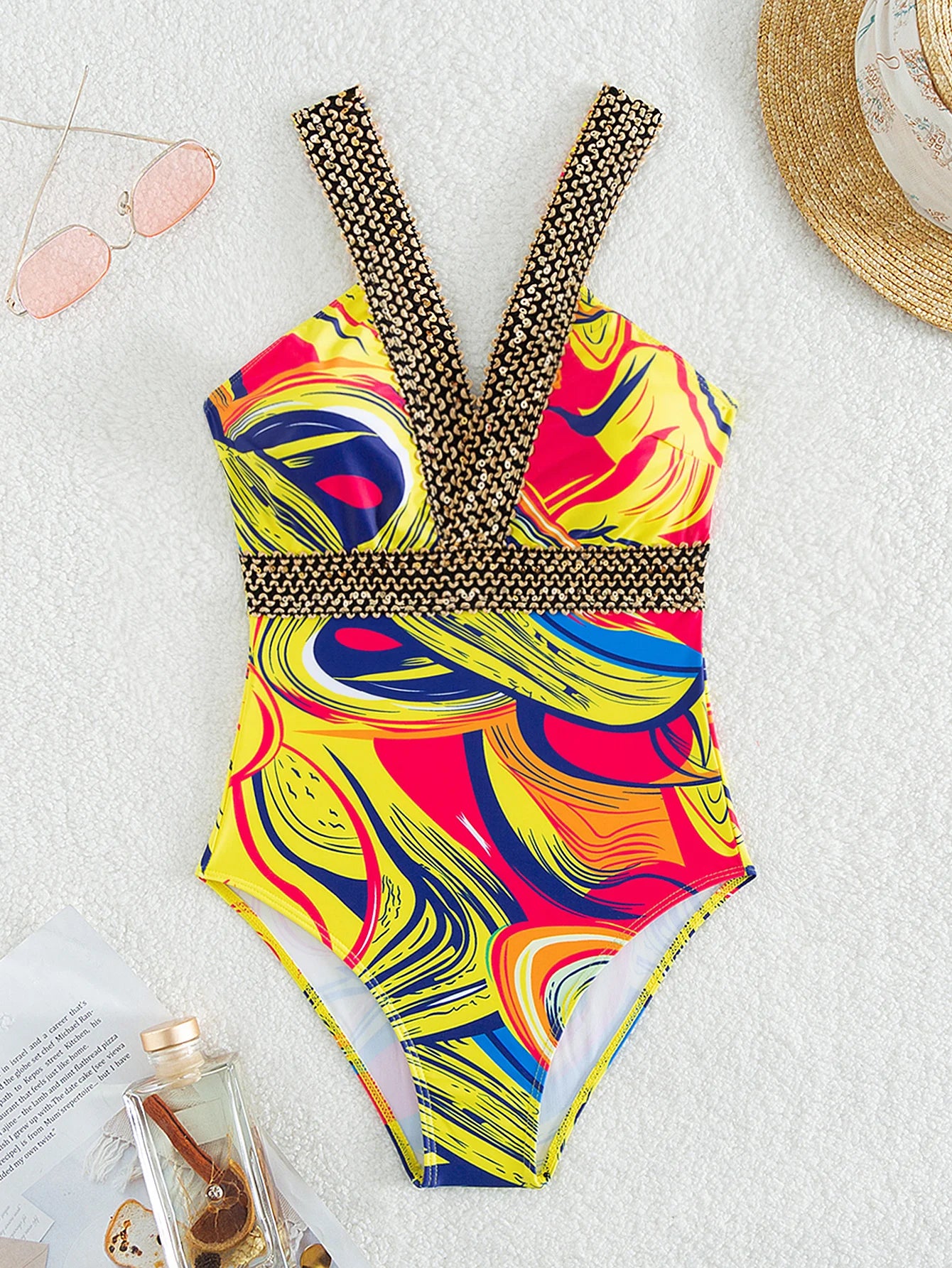 Yellow Design Print Strapped Swimwear Women Patchwork Push Up One Piece Swimsuit Monokini Backless Hollow Bathing Suit