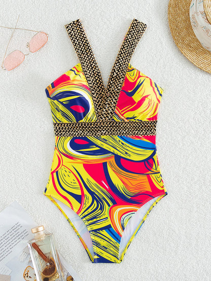 Yellow Design Print Strapped Swimwear Women Patchwork Push Up One Piece Swimsuit Monokini Backless Hollow Bathing Suit
