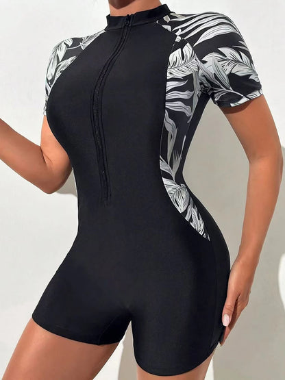 One Piece Floral Swimwear Swim Suit Women Short Sleeve Swimsuit Zip Front Tropical Plant Surfing Sun Protection（No built-in bra）