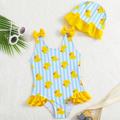 Striped  With Ducks Little Girls Swimsuit With Swimming Cap Ruffle Swimwear Female Children Bathers Bathing Swimming Swim Suit 4-7Y