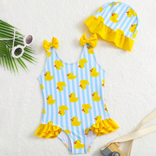Striped  With Ducks Little Girls Swimsuit With Swimming Cap Ruffle Swimwear Female Children Bathers Bathing Swimming Swim Suit 4-7Y