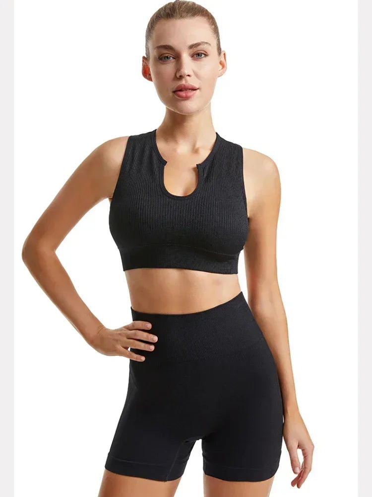Sports Bra and Shorts Set Women Deep U-neck Push Up Gym Jogging Yoga Fitness Shockproof Vest Crop Tops Female Sport Bras Set for Women