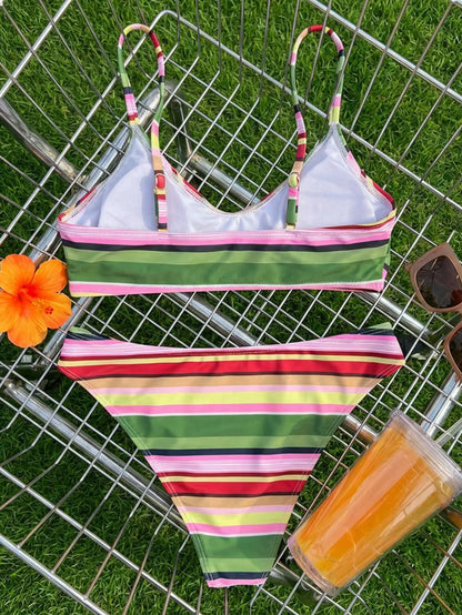 Green Pink Striped Bikini Set Women Colorful Push Up Bra Thong Swimsuit Beach Bathing Suit Holiday Two Piece Swimwear