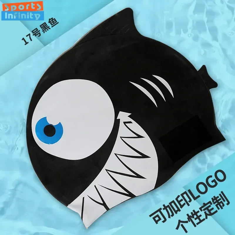 Children's Swimming Caps Waterproof Cartoon Swimming Cap for Boys and Girls Universal Cartoon Fish Shaped Soft Silicone Swim Cap