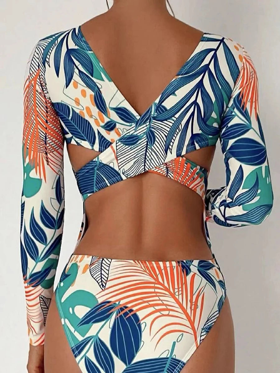 Tropical Leaf Print Long Sleeve Swimsuit One Piece Hollow Out Cross Swimwear Women Bathing Suit Padded Beachwear Swimming Summer